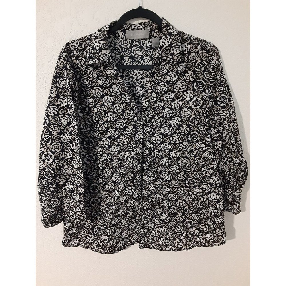 Liz Claiborne Womens Tunic Blouse Top Floral 3/4 Sleeve Button Up Size XL Brown